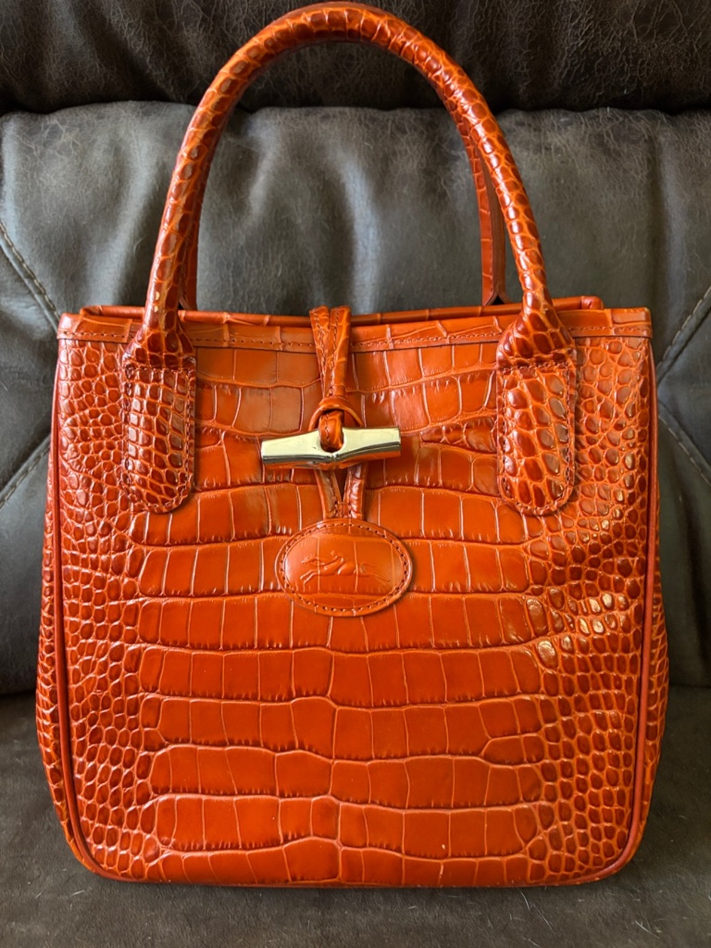 Croc-Embossed Orange Leather Satchel with Polished Hardw